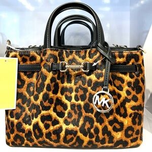 Michael Kors SM Carson Pebbled Leather Leopard Print Satchel Bag Butterscotch